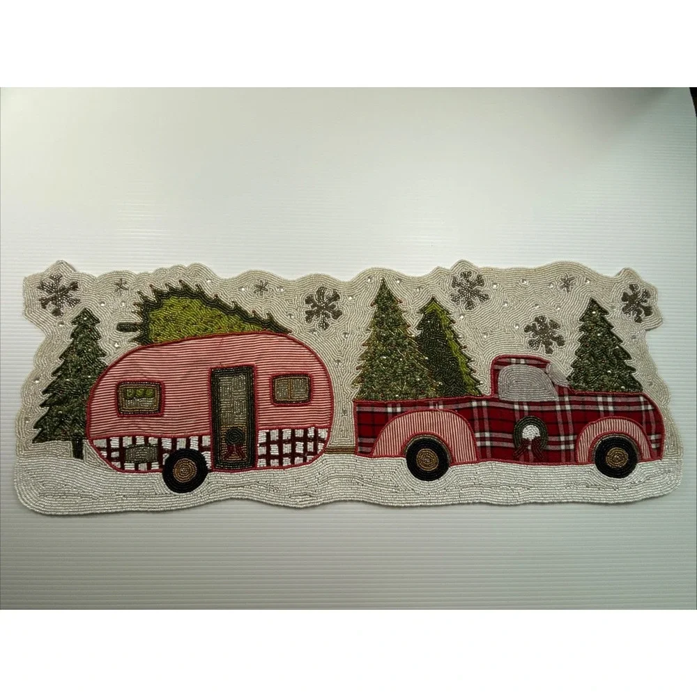 CHRISTMAS BEADED TABLE‎ RUNNER RED TRUCK GREEN TREES 36